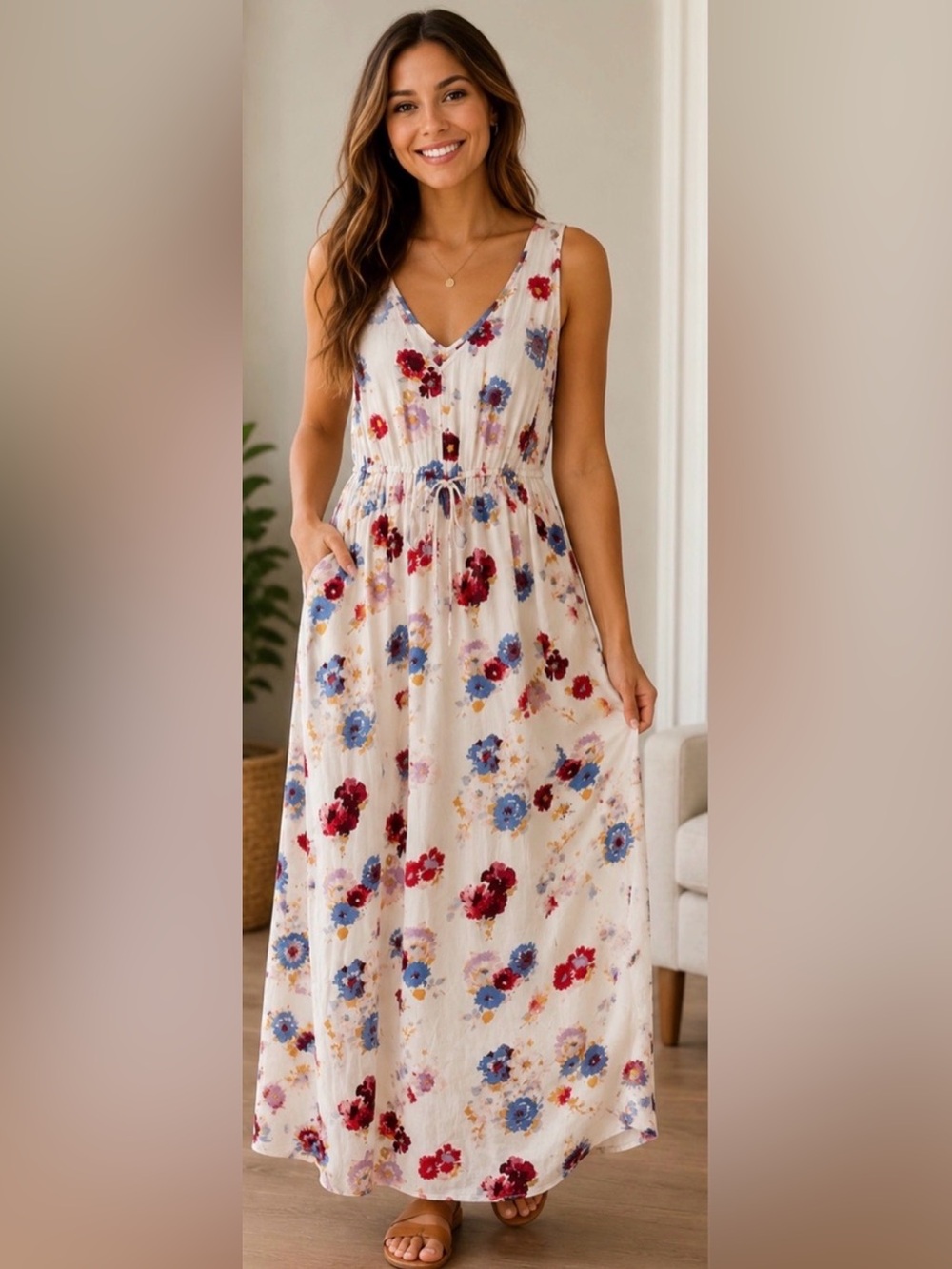 Lucky Brand Women’s Cream Floral Maxi Dress with Red & Blue Blooms